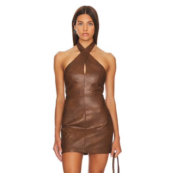 Tularosa Becca Faux Leather Halter Dress Brown‎ Sleeveless Sz L Mini Open Back - Picture 1 of 11